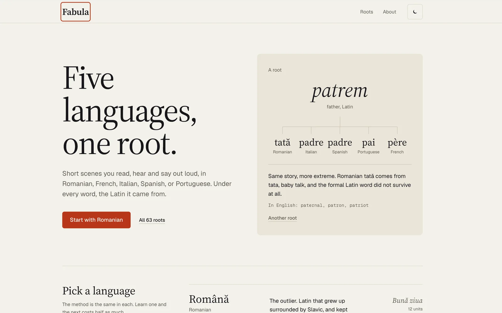 Fabula: five languages, one root, with the Latin word patrem shown across five Romance languages