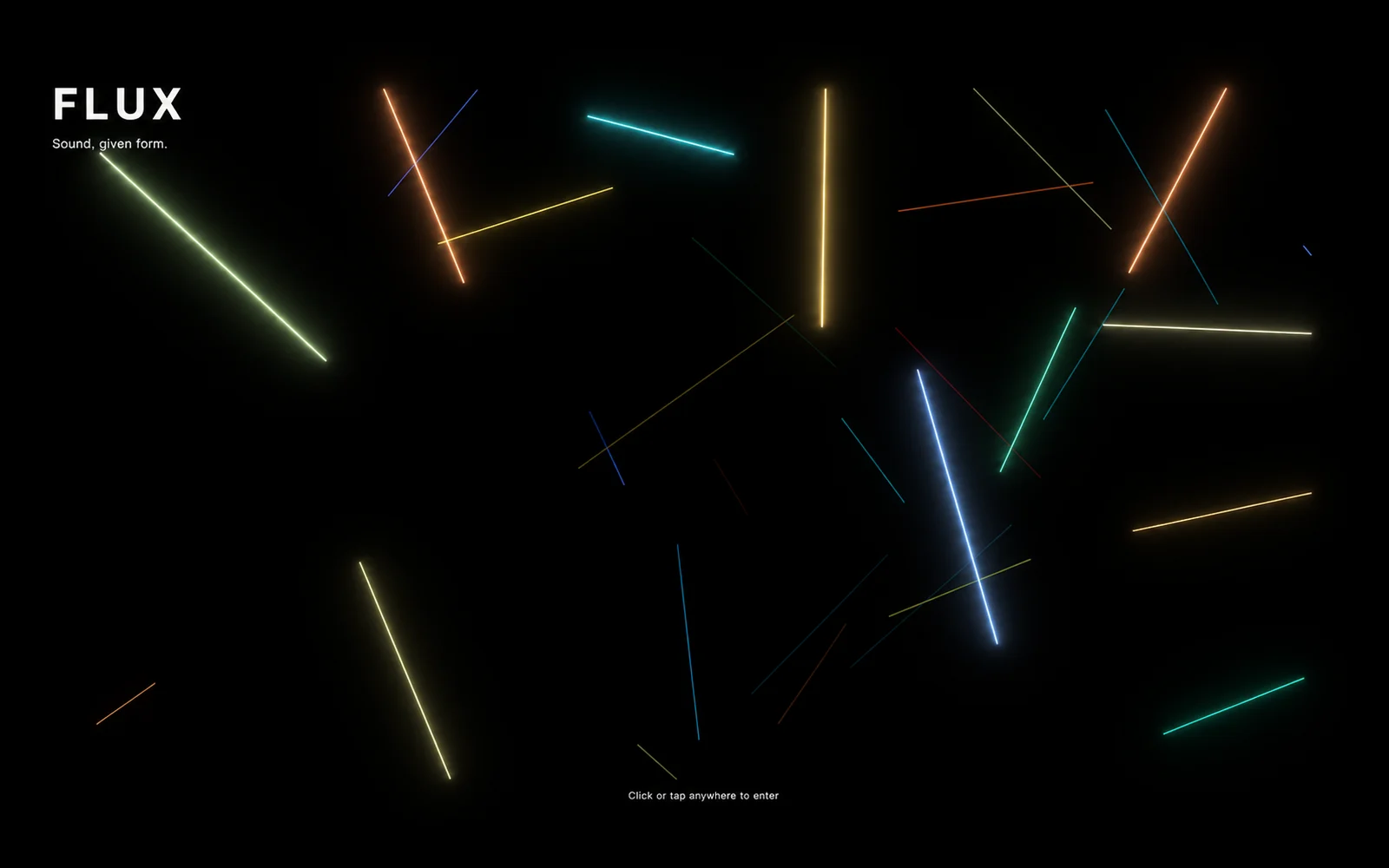 Flux: coloured light trails on black beneath the words Sound, given form