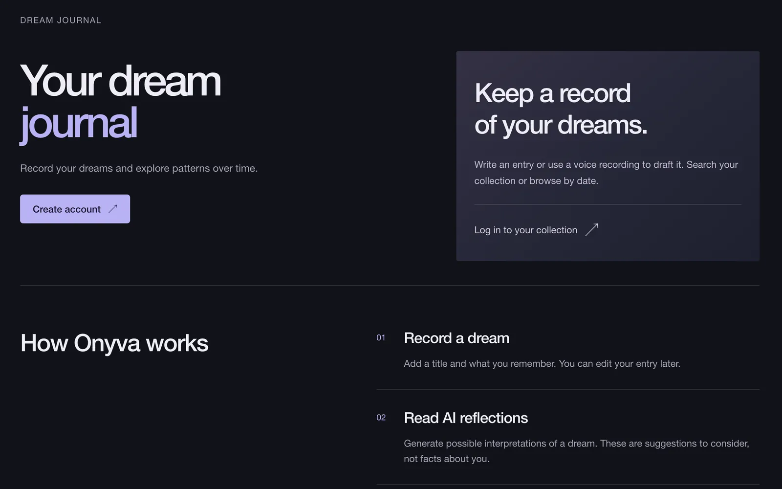 Onyva: the dream journal home screen